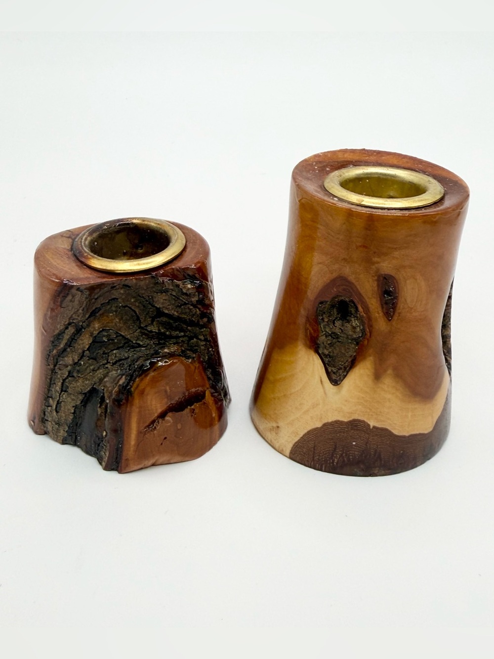 Handcrafted Natural Burl Wood Taper Candle Holders - Rustic Decor Brass